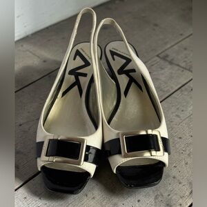 Anne Klein Sport Cream/Black Slingback Peep-Toe Low Heel Pumps